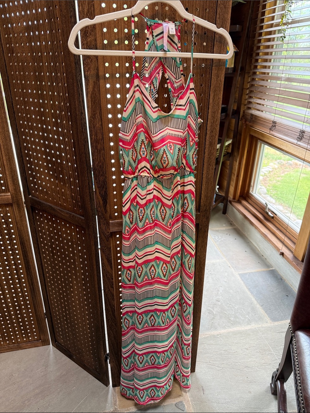 Alya Geo-Print Halter Maxi Dress in Pink and Green